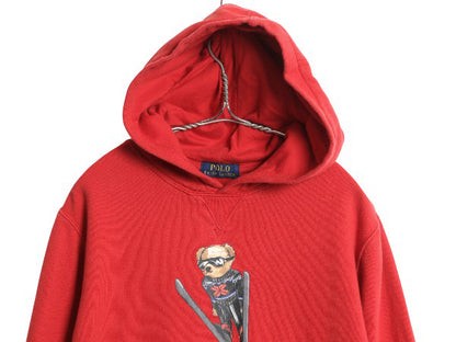 ポロベア ポロ ラルフローレン プリント スウェット フード パーカー メンズ レディース S 程 トレーナー 裏起毛 前V キャラクター レッド
