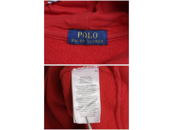 ポロベア ポロ ラルフローレン プリント スウェット フード パーカー メンズ レディース S 程 トレーナー 裏起毛 前V キャラクター レッド