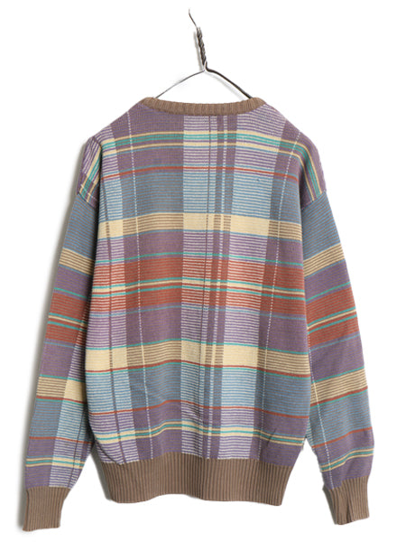80s Tricots St.Raphael  チェック 総柄 コットン ニット セーター メンズ M ヴィンテージ ミドルゲージ 長袖ニット マルチカラー リブ編み