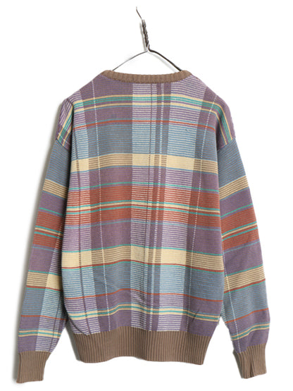 80s Tricots St.Raphael  チェック 総柄 コットン ニット セーター メンズ M ヴィンテージ ミドルゲージ 長袖ニット マルチカラー リブ編み