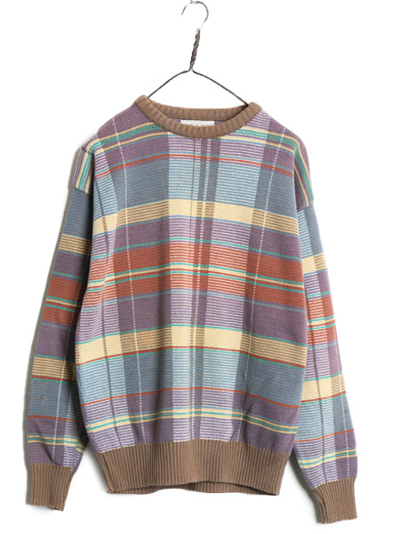 80s Tricots St.Raphael  チェック 総柄 コットン ニット セーター メンズ M ヴィンテージ ミドルゲージ 長袖ニット マルチカラー リブ編み