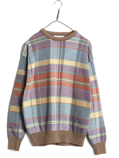 80s Tricots St.Raphael  チェック 総柄 コットン ニット セーター メンズ M ヴィンテージ ミドルゲージ 長袖ニット マルチカラー リブ編み
