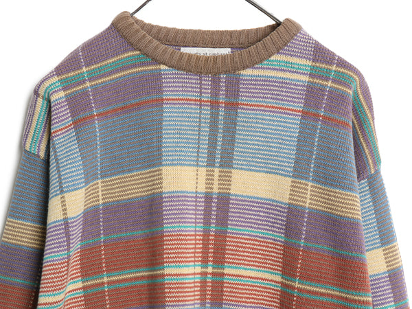 80s Tricots St.Raphael  チェック 総柄 コットン ニット セーター メンズ M ヴィンテージ ミドルゲージ 長袖ニット マルチカラー リブ編み