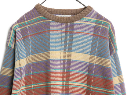 80s Tricots St.Raphael  チェック 総柄 コットン ニット セーター メンズ M ヴィンテージ ミドルゲージ 長袖ニット マルチカラー リブ編み