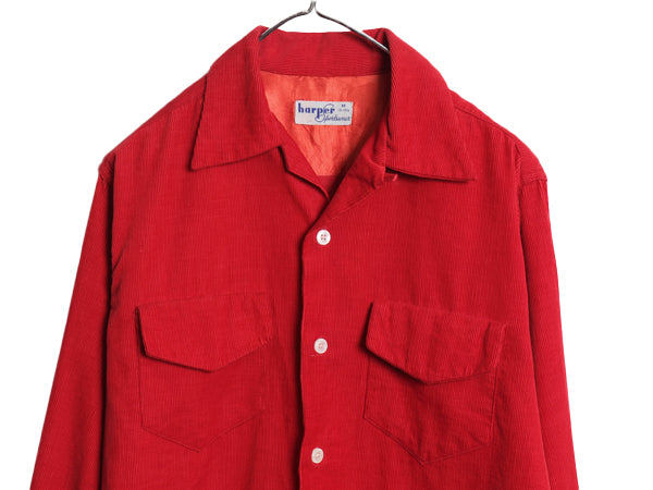 50s ★ HARPER コーデュロイ オープンカラー シャツ メンズ M / ヴィンテージ 長袖シャツ ループ留め 開襟 ボックス 細畝 コットン 無地 赤