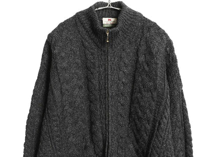 アイルランド製 Carraig Donn フルジップ フィッシャーマン ニット セーター メンズ レディース XL ウール アラン ジャケット 大きいサイズ