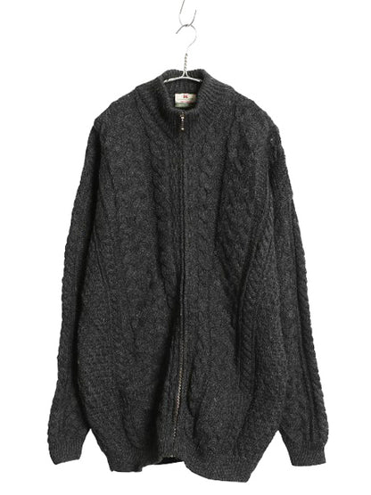 アイルランド製 Carraig Donn フルジップ フィッシャーマン ニット セーター メンズ レディース XL ウール アラン ジャケット 大きいサイズ