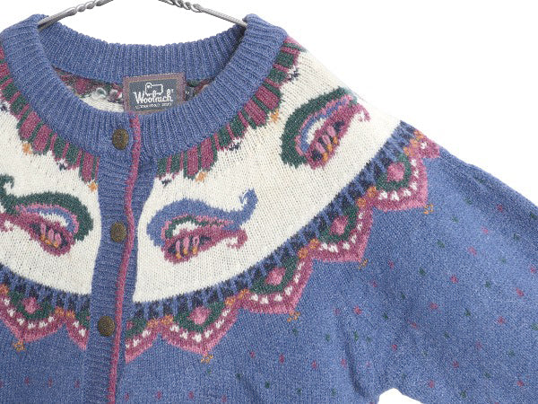 90s ウールリッチ ノルディック ニット カーディガン レディース S オールド ウール モヘア セーター バーズアイ 総柄 丸ヨーク 求心柄 青