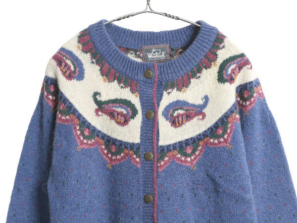 90s ウールリッチ ノルディック ニット カーディガン レディース S オールド ウール モヘア セーター バーズアイ 総柄 丸ヨーク 求心柄 青