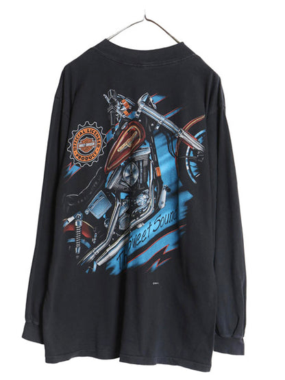 90s ハーレー ダビッドソン 両面 プリント ポケット付き 長袖 Tシャツ メンズ XL / オールド ロンT ポケT バイク アート イラスト ブラック