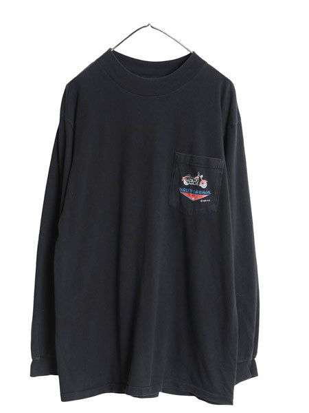 90s ハーレー ダビッドソン 両面 プリント ポケット付き 長袖 Tシャツ メンズ XL / オールド ロンT ポケT バイク アート イラスト ブラック