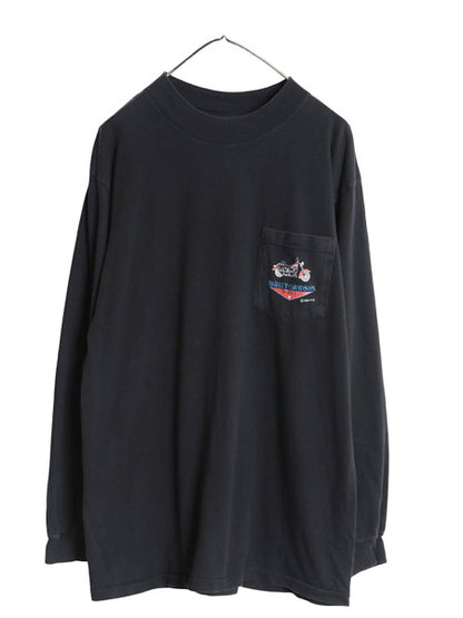 90s ハーレー ダビッドソン 両面 プリント ポケット付き 長袖 Tシャツ メンズ XL / オールド ロンT ポケT バイク アート イラスト ブラック