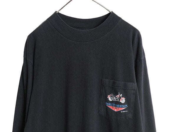 90s ハーレー ダビッドソン 両面 プリント ポケット付き 長袖 Tシャツ メンズ XL / オールド ロンT ポケT バイク アート イラスト ブラック