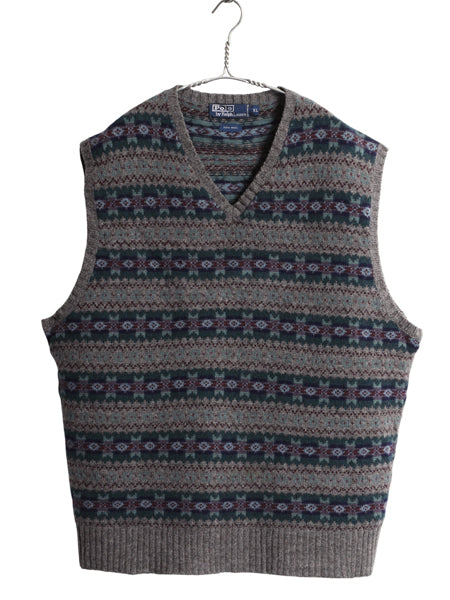 90s ポロ ラルフローレン Vネック ニット ベスト メンズ XL / オールド ウール フェアアイル セーター 重ね着 マルチカラー 大きいサイズ 