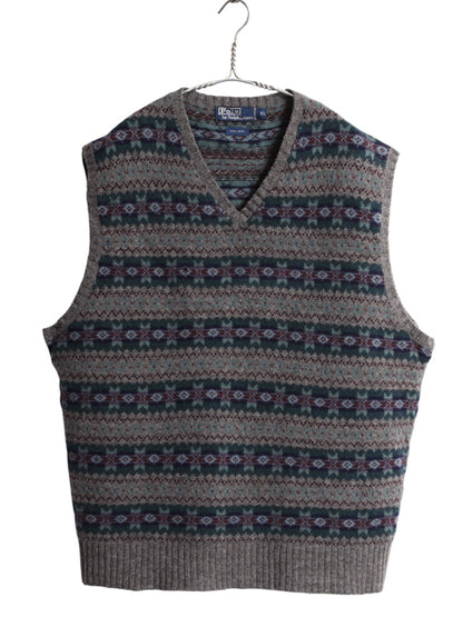 90s ポロ ラルフローレン Vネック ニット ベスト メンズ XL / オールド ウール フェアアイル セーター 重ね着 マルチカラー 大きいサイズ 