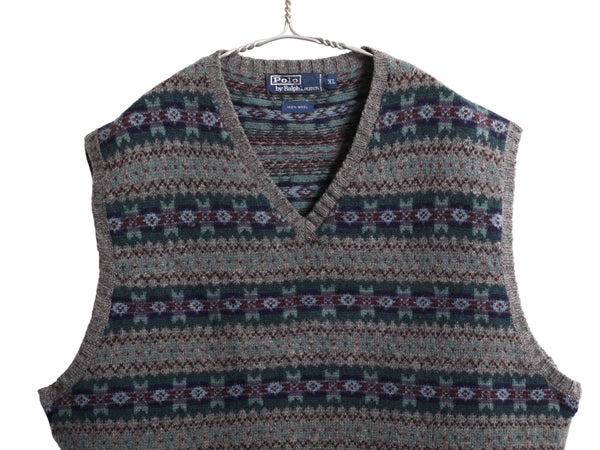 90s ポロ ラルフローレン Vネック ニット ベスト メンズ XL / オールド ウール フェアアイル セーター 重ね着 マルチカラー 大きいサイズ 