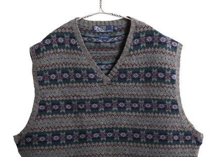 90s ポロ ラルフローレン Vネック ニット ベスト メンズ XL / オールド ウール フェアアイル セーター 重ね着 マルチカラー 大きいサイズ 