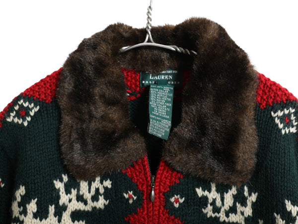 00s ローレン ラルフローレン フルジップ ニット ジャケット レディース S / オールド ポロ 手編み ハンドメイド ファー付き カーディガン