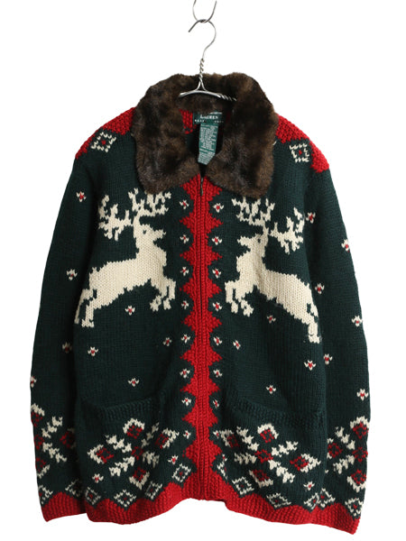 00s ローレン ラルフローレン フルジップ ニット ジャケット レディース S / オールド ポロ 手編み ハンドメイド ファー付き カーディガン