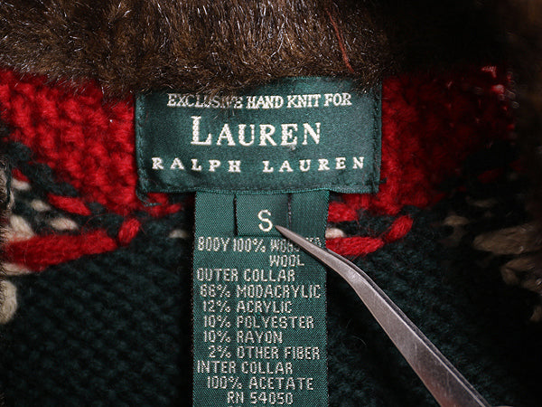 00s ローレン ラルフローレン フルジップ ニット ジャケット レディース S / オールド ポロ 手編み ハンドメイド ファー付き カーディガン