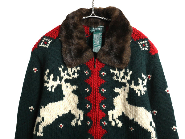 00s ローレン ラルフローレン フルジップ ニット ジャケット レディース S / オールド ポロ 手編み ハンドメイド ファー付き カーディガン