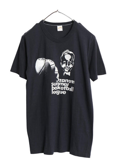 デッドストック 70s USA製 バスケ イラスト プリント Tシャツ メンズ XL 小さめ M 程 新品 ヴィンテージ シングルステッチ 黒 モノトーン