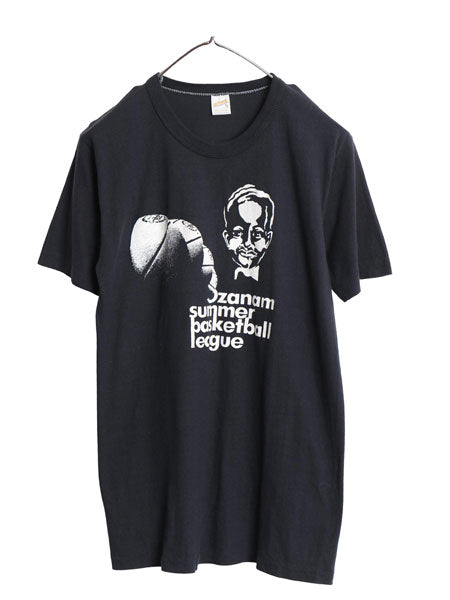 デッドストック 70s USA製 バスケ イラスト プリント Tシャツ メンズ XL 小さめ M 程 新品 ヴィンテージ シングルステッチ 黒 モノトーン