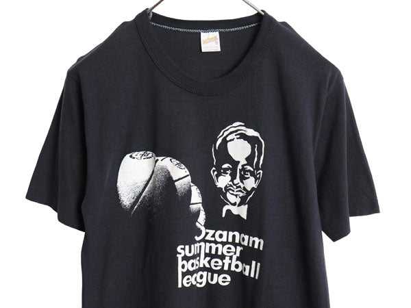 デッドストック 70s USA製 バスケ イラスト プリント Tシャツ メンズ XL 小さめ M 程 新品 ヴィンテージ シングルステッチ 黒 モノトーン