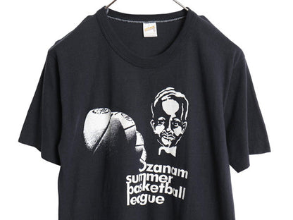 デッドストック 70s USA製 バスケ イラスト プリント Tシャツ メンズ XL 小さめ M 程 新品 ヴィンテージ シングルステッチ 黒 モノトーン