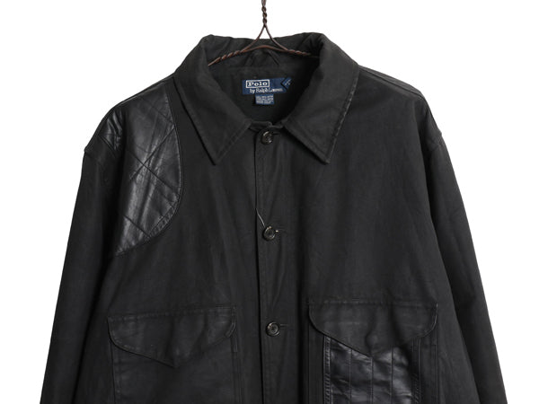 90s ★ ポロ ラルフローレン オイルド クルーザー ジャケット メンズ XL / オールド カバーオール ハンティング 本革 レザー 切替 黒