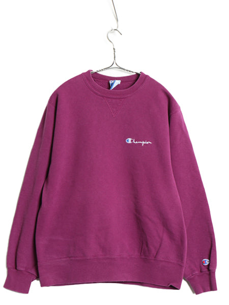 90s USA製 チャンピオン ワンポイント スウェット メンズ レディース M オールド 裏起毛 トレーナー スクリプト ロゴ 前V 目付き パープル