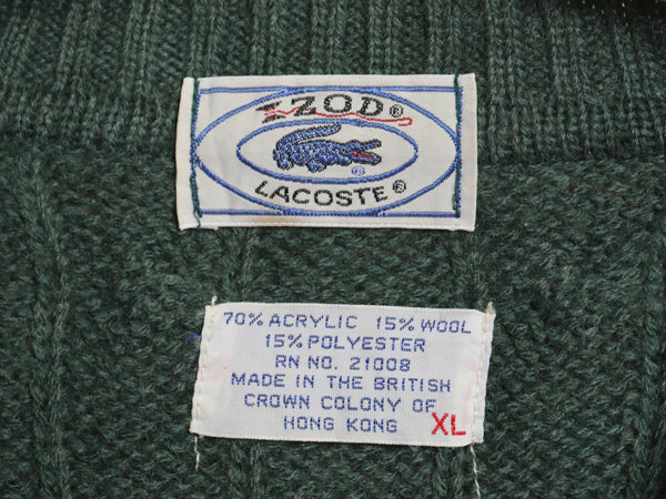 70s 80s ラコステ ケーブル ニット セーター メンズ XL 小さめ L 程 ヴィンテージ アクリル ウール ワンポイント シンプル 大きいサイズ 緑