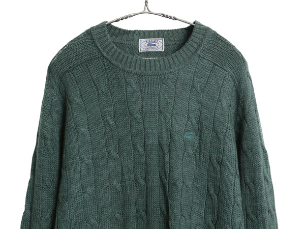 70s 80s ラコステ ケーブル ニット セーター メンズ XL 小さめ L 程 ヴィンテージ アクリル ウール ワンポイント シンプル 大きいサイズ 緑