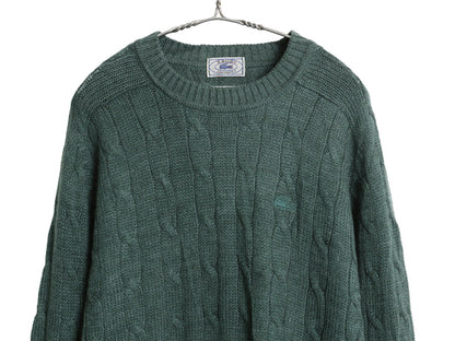 70s 80s ラコステ ケーブル ニット セーター メンズ XL 小さめ L 程 ヴィンテージ アクリル ウール ワンポイント シンプル 大きいサイズ 緑