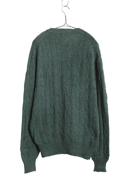 70s 80s ラコステ ケーブル ニット セーター メンズ XL 小さめ L 程 ヴィンテージ アクリル ウール ワンポイント シンプル 大きいサイズ 緑