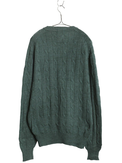 70s 80s ラコステ ケーブル ニット セーター メンズ XL 小さめ L 程 ヴィンテージ アクリル ウール ワンポイント シンプル 大きいサイズ 緑