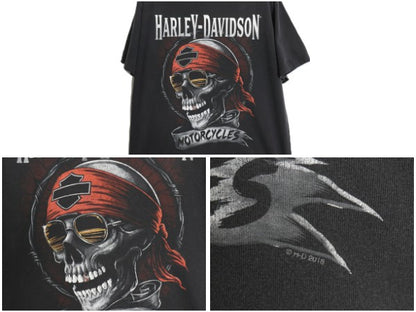 ハーレー ダビッドソン 両面 プリント Tシャツ メンズ L 程 古着 オフィシャル バイク スカル イラスト アート グラフィック 黒 カットソー