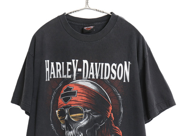ハーレー ダビッドソン 両面 プリント Tシャツ メンズ L 程 古着 オフィシャル バイク スカル イラスト アート グラフィック 黒 カットソー