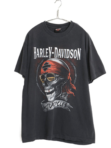 ハーレー ダビッドソン 両面 プリント Tシャツ メンズ L 程 古着 オフィシャル バイク スカル イラスト アート グラフィック 黒 カットソー