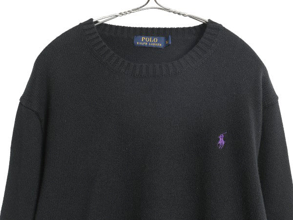 ポロ ラルフローレン コットン ニット セーター メンズ XL / 古着 長袖ニット ワンポイント クルーネック シンプル 大きいサイズ ブラック