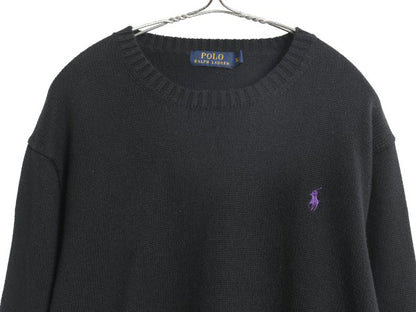 ポロ ラルフローレン コットン ニット セーター メンズ XL / 古着 長袖ニット ワンポイント クルーネック シンプル 大きいサイズ ブラック