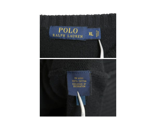 ポロ ラルフローレン コットン ニット セーター メンズ XL / 古着 長袖ニット ワンポイント クルーネック シンプル 大きいサイズ ブラック