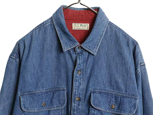 80s USA製 エルエルビーン 長袖 デニム シャツ メンズ L / ヴィンテージ チェック フランネル ライナー付き 長袖シャツ ワーク ジャケット