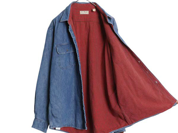 80s USA製 エルエルビーン 長袖 デニム シャツ メンズ L / ヴィンテージ チェック フランネル ライナー付き 長袖シャツ ワーク ジャケット