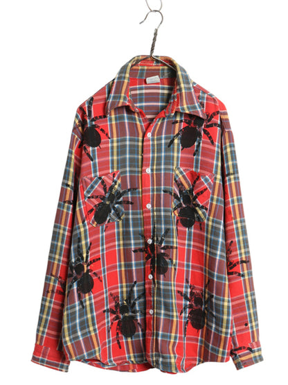 70s ★ ビッグマック スパイダー ハンドプリント ヘビー フランネル シャツ メンズ L / ヴィンテージ チェック ネルシャツ リメイク 総柄