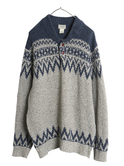 エルエルビーン ヘンリーネック ニット セーター メンズ XL ラム ウール フェアアイル ノルディック バーズアイ 総柄 求心柄 大きいサイズ