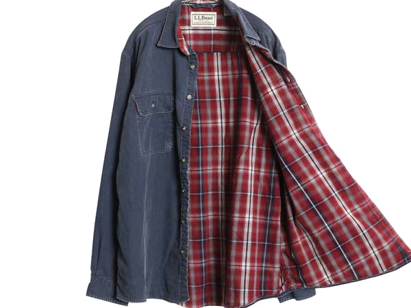 00s エルエルビーン コットン ツイル 長袖 シャツ メンズ L オールド アウトドア チェック フランネル ライナー付き ワーク ジャケット 紺