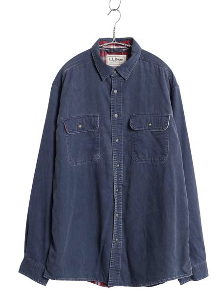 00s エルエルビーン コットン ツイル 長袖 シャツ メンズ L オールド アウトドア チェック フランネル ライナー付き ワーク ジャケット 紺