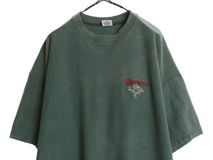 90s USA製 ☆ クイックシルバー エンボス ボーダー 半袖 Tシャツ メンズ XL 旧タグ オールド サーフ ワンポイント ロゴ刺繍 ヘビーウェイト