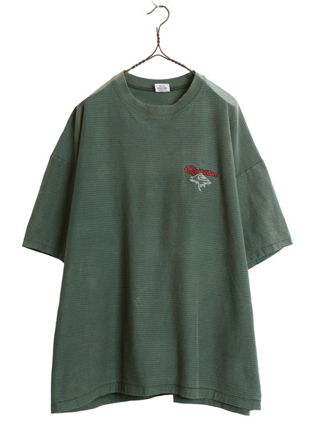 90s USA製 ☆ クイックシルバー エンボス ボーダー 半袖 Tシャツ メンズ XL 旧タグ オールド サーフ ワンポイント ロゴ刺繍 ヘビーウェイト